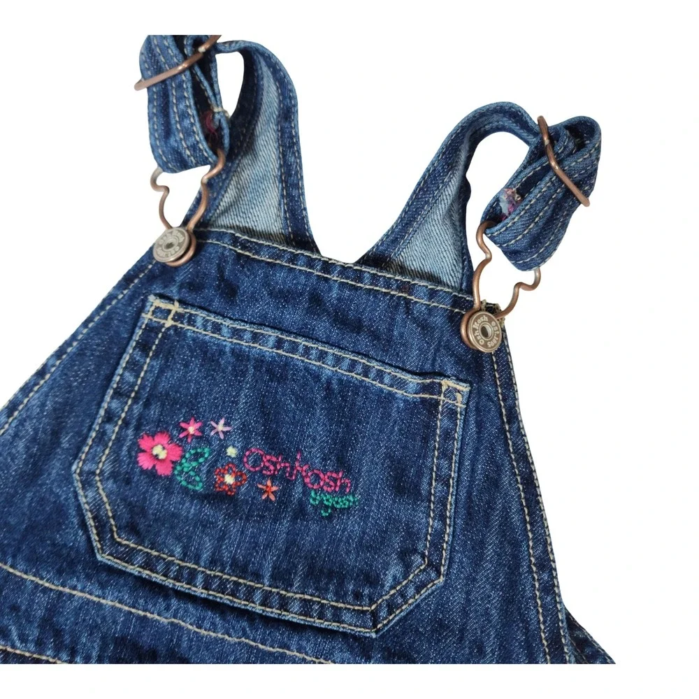 OshKosh Bgosh Girls Blue Denim Floral Embroidered Overall Jumper Dress 18 Months